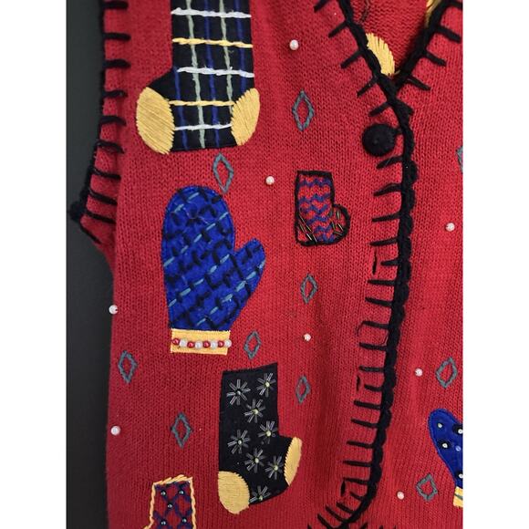 Studio Works Women’s Size Large Christmas Vest/sweater - Knit Mittens & Stocking - Picture 3 of 8
